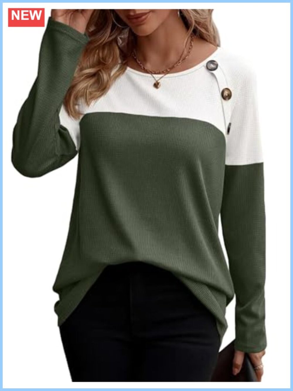 Waffle Knit Long Sleeve Tunic Top Button Detail Pullover Shirt